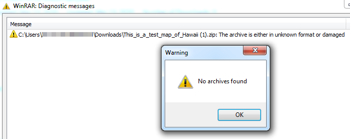 Image of the warning message on WinRAR