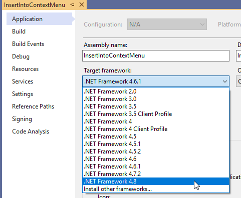 Selecting .NET Framework 4.8 from the drop-down list of Target framework in the Application tab.