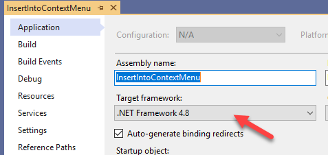 Checking the Target framework is showing .NET Framework 4.8 in the Application tab.