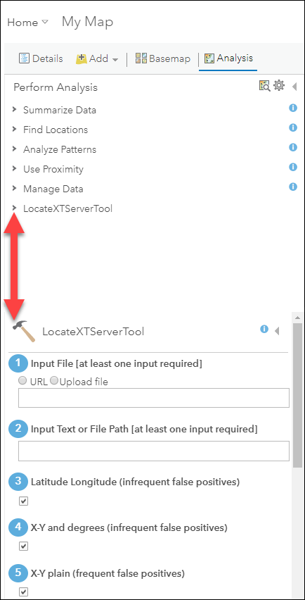 The LocateXT Server tool parameters.