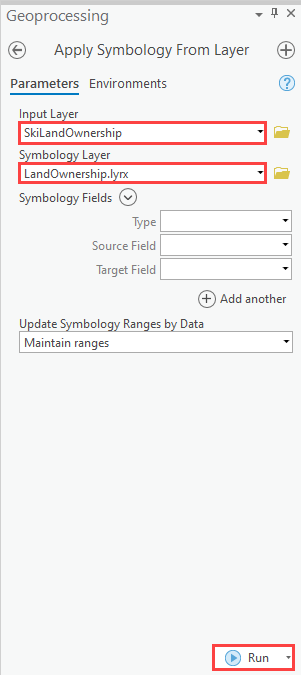 The Apply Symbology From Layer pane to be configured.