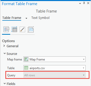 Image of the Format Table Frame pane with the Query option inactive