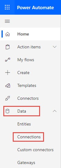 Image showing the Power Automate data connections pane