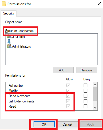 Image of the set permissions check boxes in the Permission settings of the folder