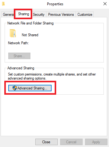 Image of the Sharing tab in the folder Properties window