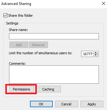 Image of the Permissions selection in the Advanced Sharing window