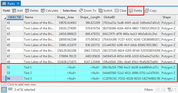 An image of the attribute table and Delete Selection icon.