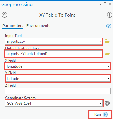 Image of the XY Table to Point tool pane