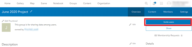 Image showing how to invite users to a group in the item details page in ArcGIS Online.