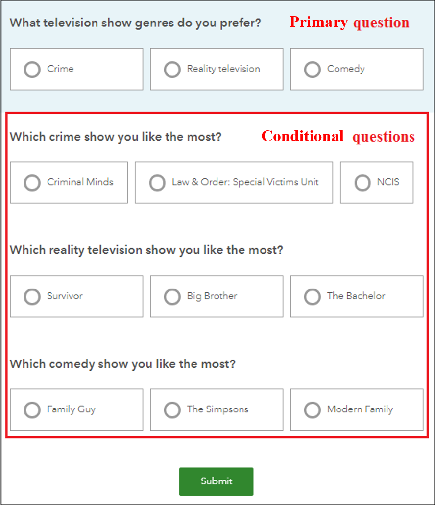 primary and conditional questions created in Survey123 Web Designer