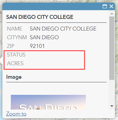 The pop-up of a published hosted feature layer showing only the hidden field name without any attribute values in ArcGIS Online.