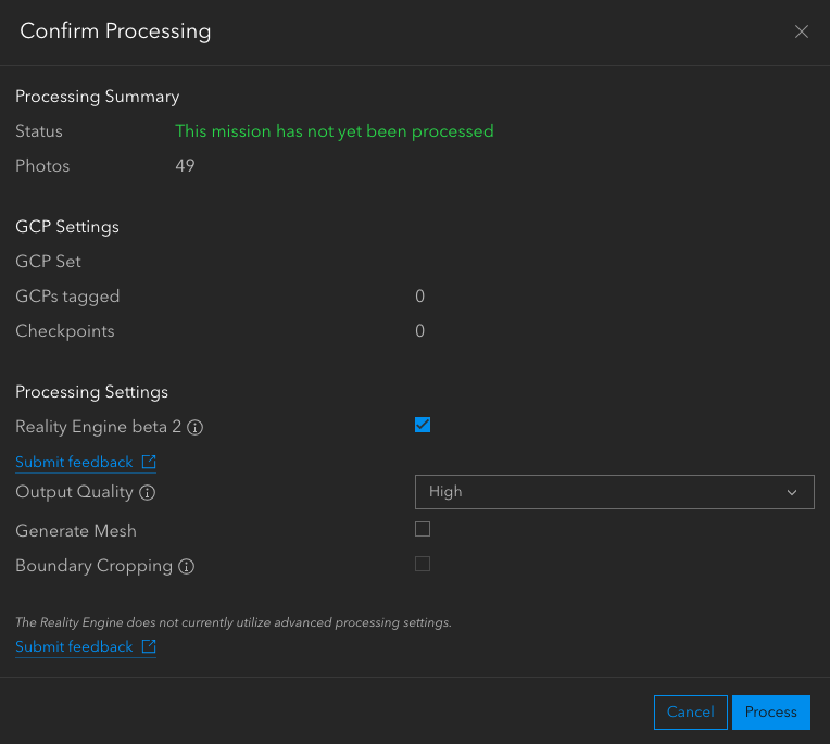 Confirm Processing dialog with processing options