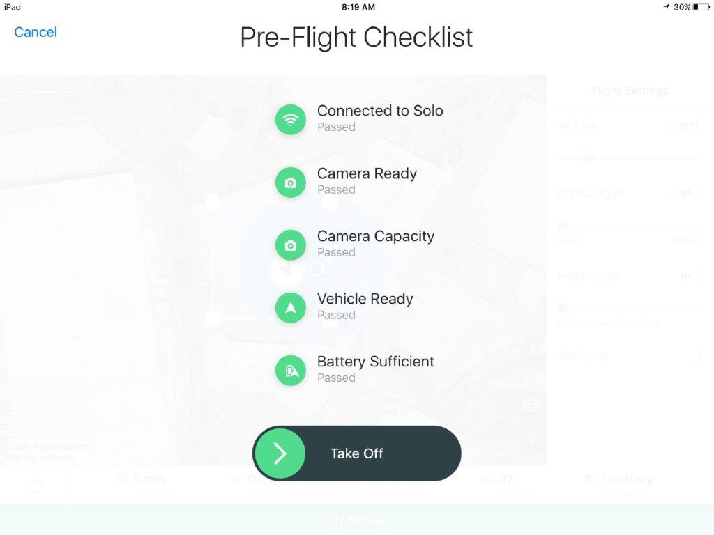 Slide the Take Off button in Pre-Flight Checklist
