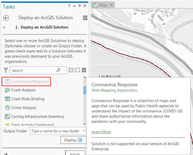Screenshot of ArcGIS Pro with the Coronavirus Response solution greyed out in the Deploy an ArcGIS Solution pane