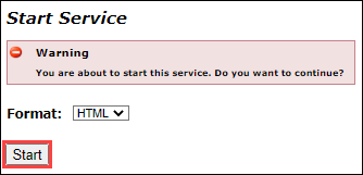 The Start Service page of the service with the warning message, 'You are about to start this service. Do you want to continue?'