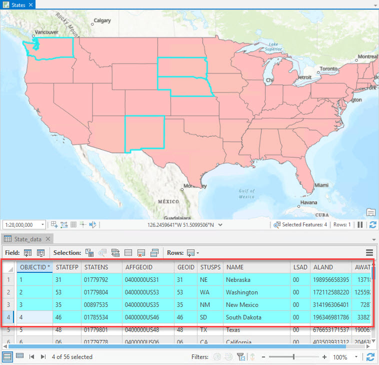 The selected rows from the non-spatial table is reflected on the related feature class features and highlighted on the map.