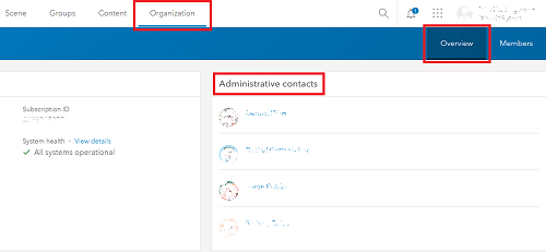 Image showing the Administrative contacts section on ArcGIS Online for users with limited privileges.