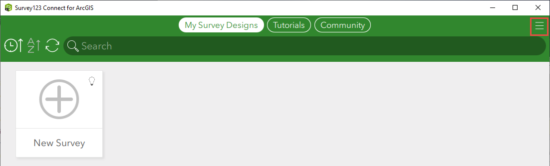 ArcGIS Survey123 Connect with the menu icon highlighted