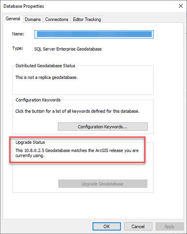 Image showing the Database Properties dialog box with the Upgrade Status and the version number of the enterprise geodatabase highlighted.