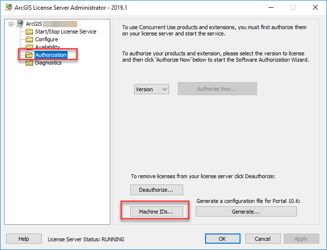 Image of the Authorization tab and Machine ID selection in ArcGIS License Server Administrator
