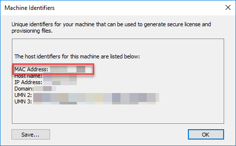 Image of the MAC Address window in ArcGIS License Server Administrator