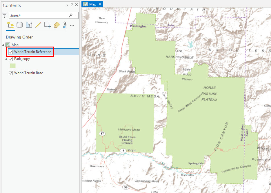 Image of the basemap labels overlaying features in ArcGIS Pro.
