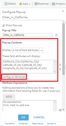 Clicking the Configure Attributes option under the Pop-up Contents section.