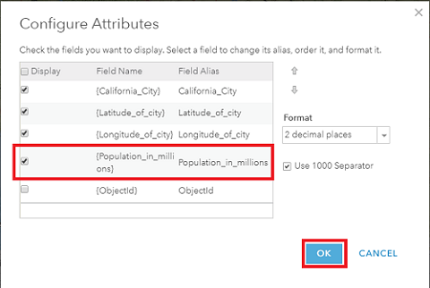 The Population_in_millions field is checked in the Configure Attributes window to unhide it.