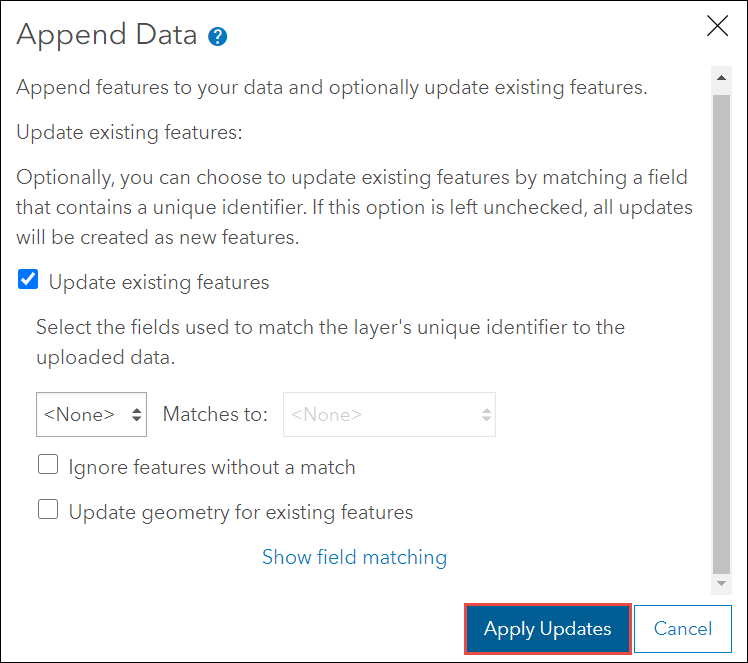 Apply Updates in the Append Data window