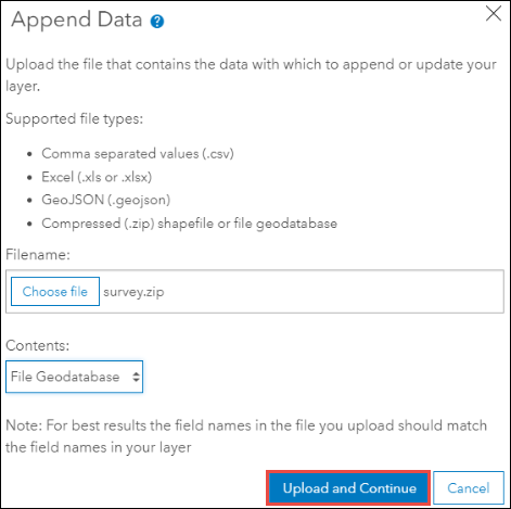 Upload and Continue in the Append Data window