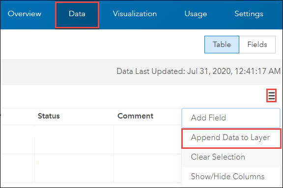 Append Data to Layer in the Data tab
