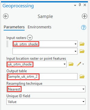 Screenshot of the Sample geoprocessing pane with the values highlighted
