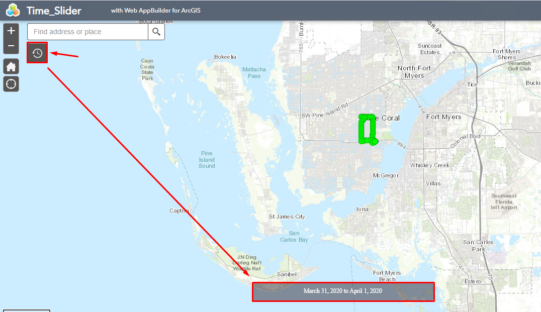 Image of the Time Slider widget in a web application in ArcGIS Web AppBuilder.