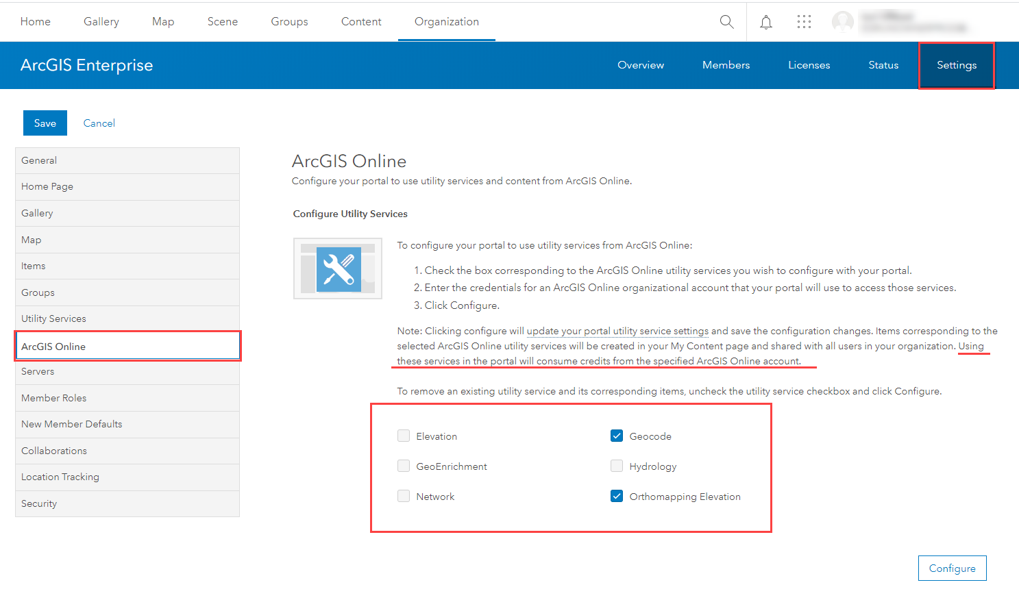 Image of utility service configuration for ArcGIS Online in ArcGIS Enterprise