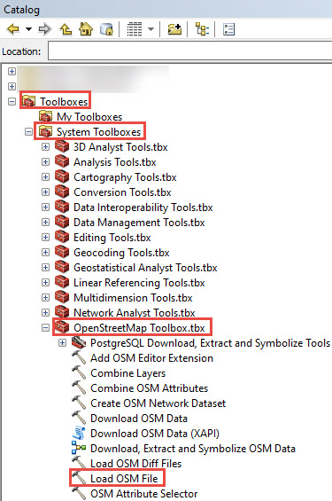 Load OSM file tool in the Catalog window