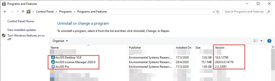 Screenshot of Control Panel with the ArcGIS products and the Version column highlighted