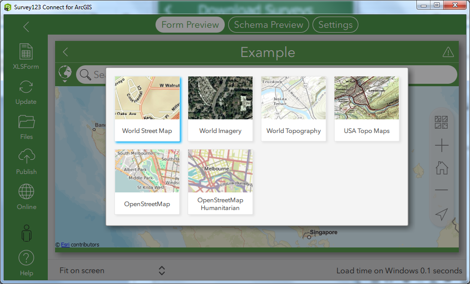 Image of the Basemap gallery drop-down showing six default basemaps