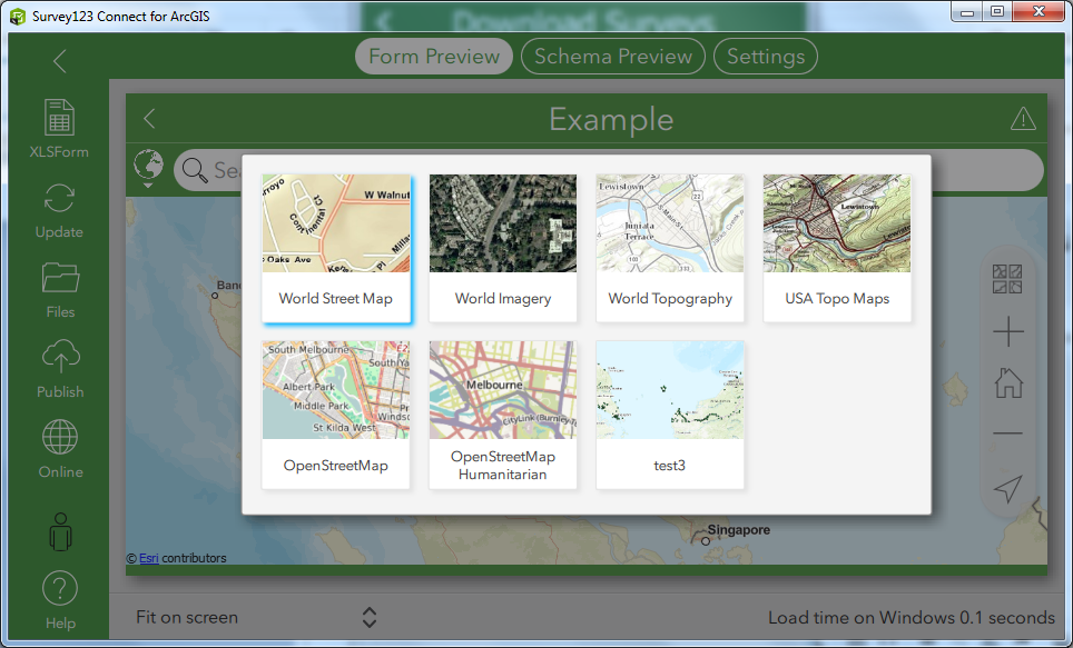 Basemap Gallery option showing custom basemap linked to survey form