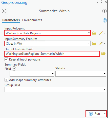 The Summarize Within tool window displaying the Input Polygons, Input Summary Features, and Output Feature Class parameters. Click Run.