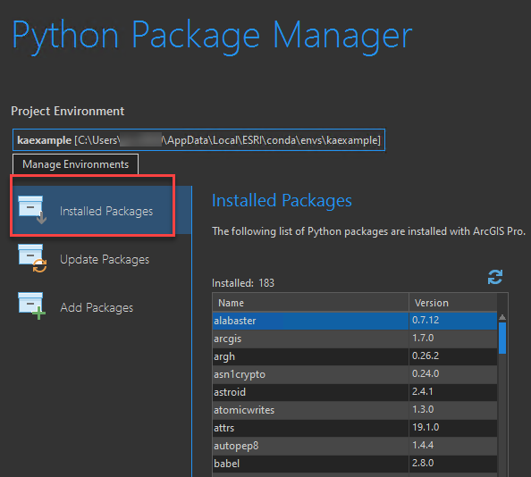 The Python Package Manager window in ArcGIS Pro