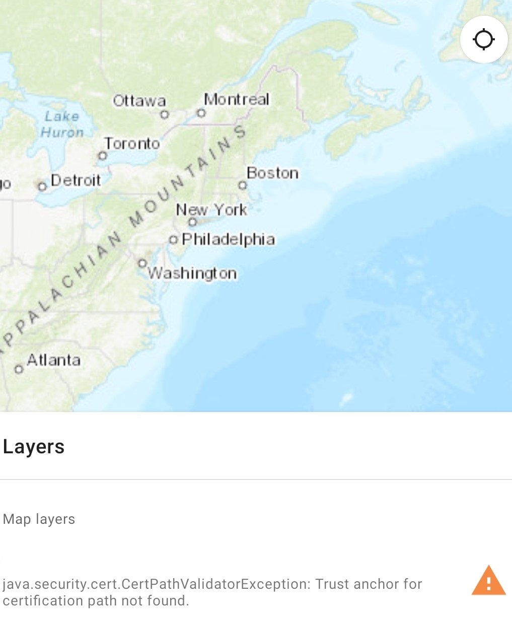 The error in ArcGIS Collector (Android) when viewing a layer with a triangular warning