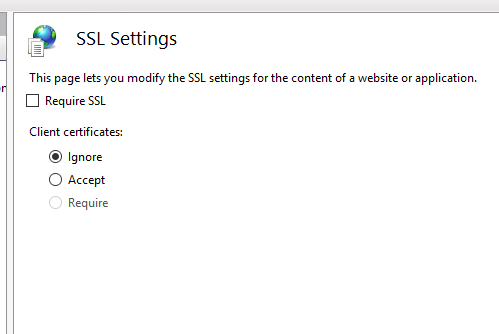 Client certificates set to Ignore in the SSL Settings