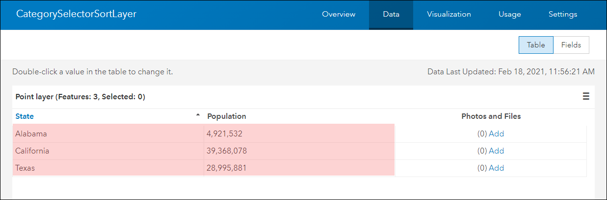 The Data tab showing the layer's table consisting the State and Population fields in ArcGIS Online.