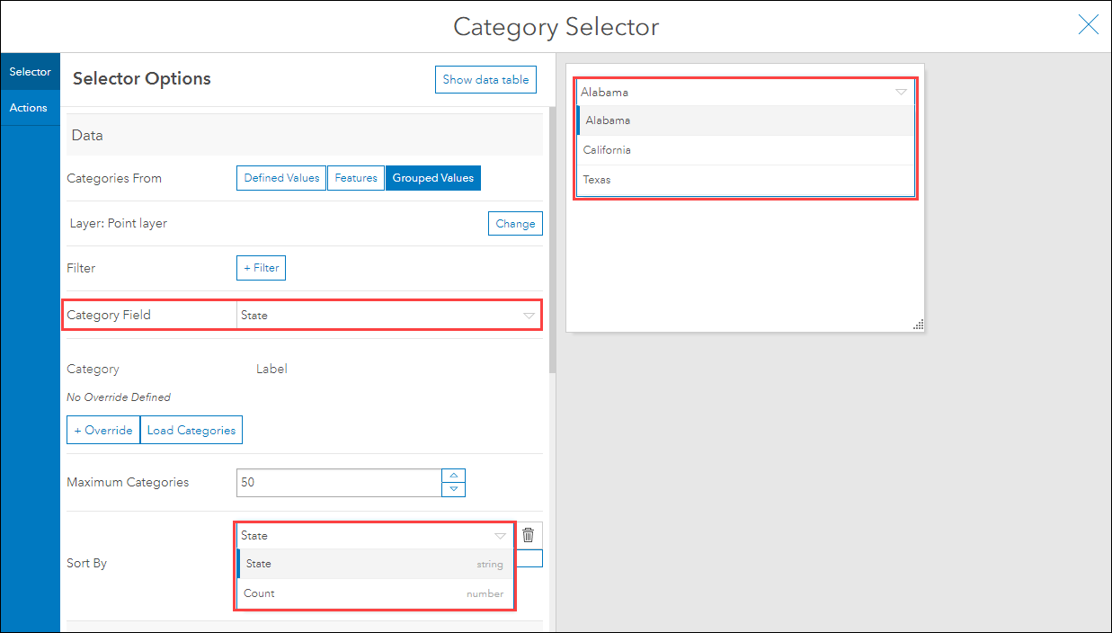 The Category Selector in ArcGIS Dashboard displaying the Category Field and Sort By parameters.