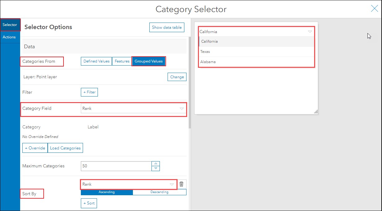 The Selector Options pane displaying the Categories From, Category Field and Sort by parameters.