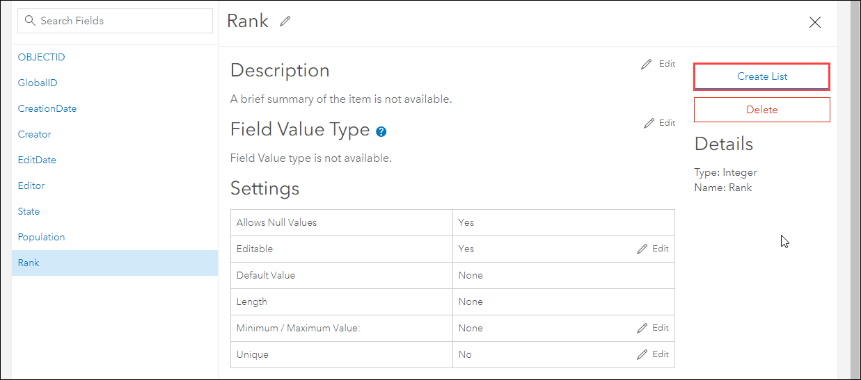 Clicking Create List in the field page of Rank.