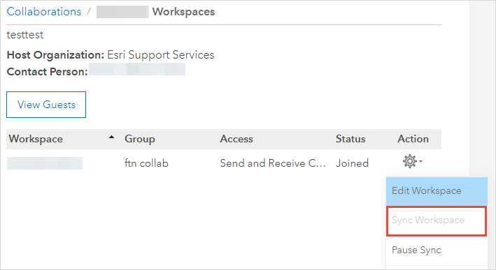 The distributed collaboration details with the Sync Workspace option disabled in Portal for ArcGIS.