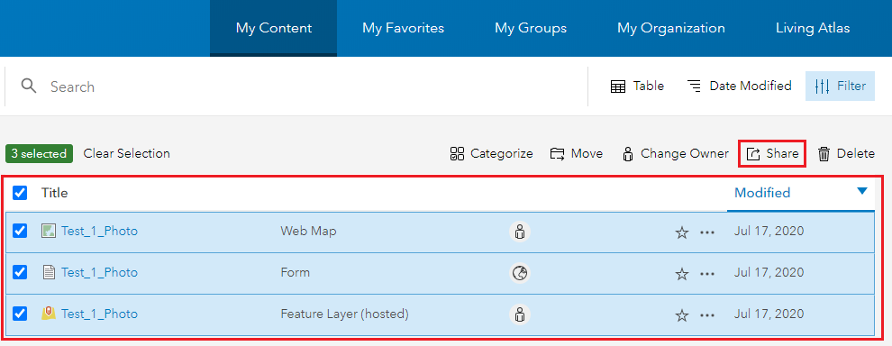 Share icon in the Contents tab in ArcGIS Online