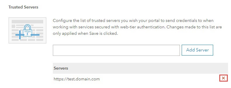Image showing the Delete Server icon in the Trusted Servers section of the Security page.