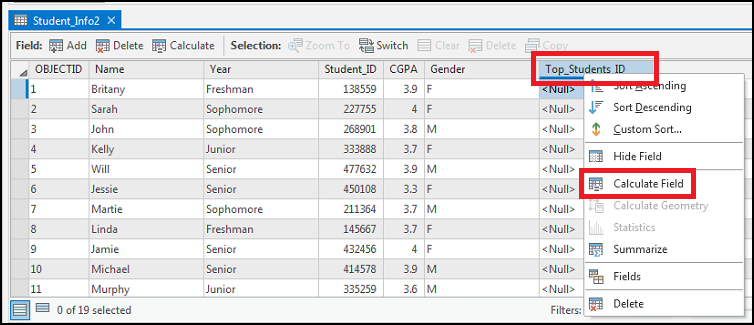 Image showing the Calculate Field option for the target field in the attribute table.